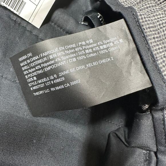 Theory NWT Zaine Classic-Fit Drawstring Pant Kelso Checked Nylon Size 34 Gray - Picture 9 of 12